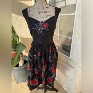 Hell Bunny Black Dress with Red Rose and White Web Design